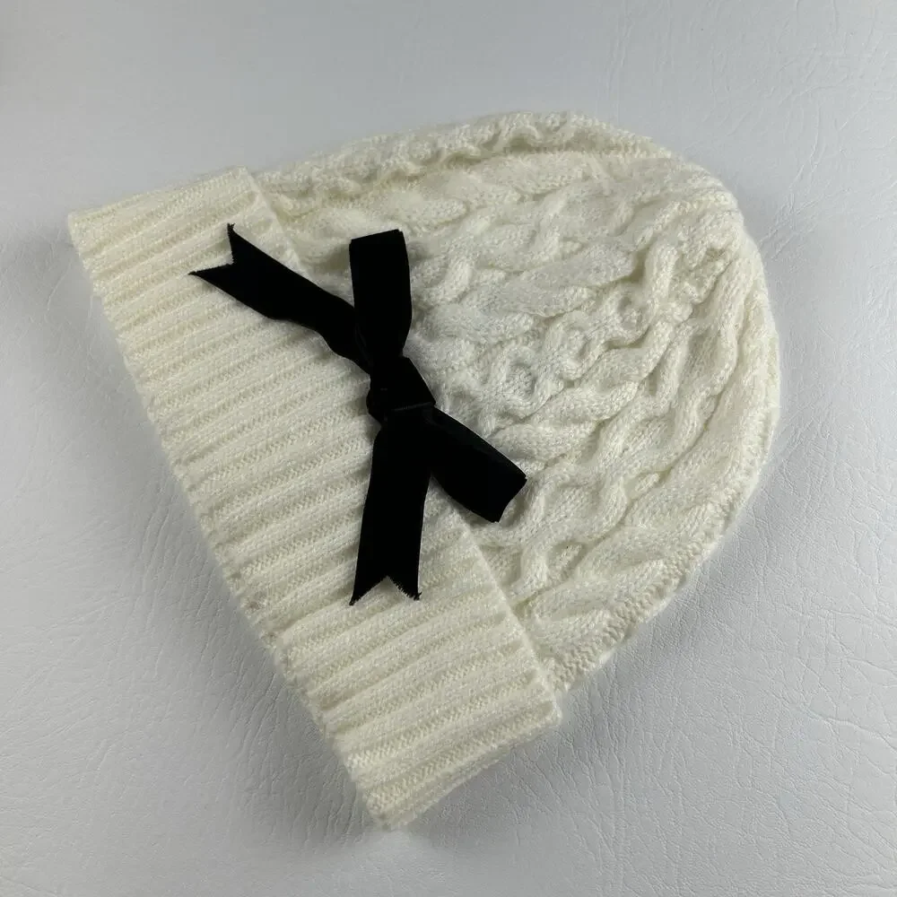 Kate Spade New York Women’s Ivory Cable Knit Beanie Black Bow Cuffed Hat